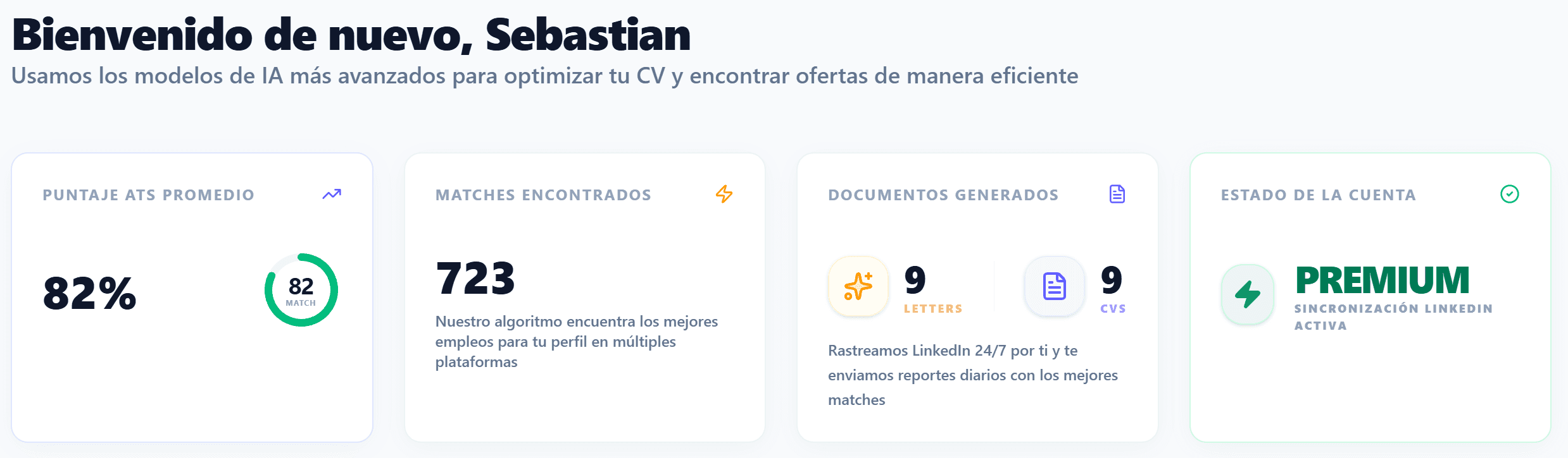 Panel de Control Premium Job Match AI para optimizar CV y buscar empleo en LinkedIn