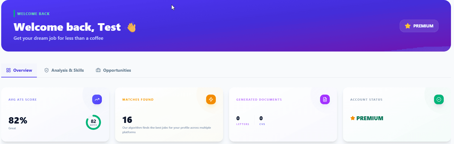 Job Match AI Premium Dashboard - ATS Score and Job Matching